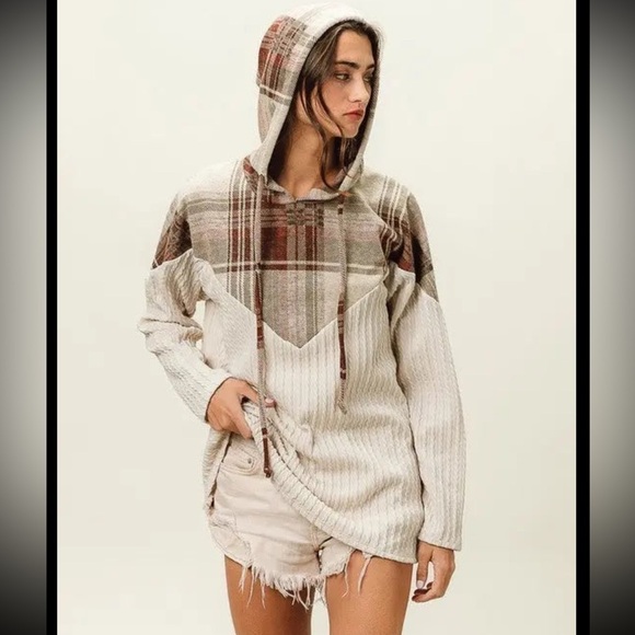 BiBi Tops - BIBI PLAID BRUSH KNIT CONRAST CABLE KNIT HOODIE